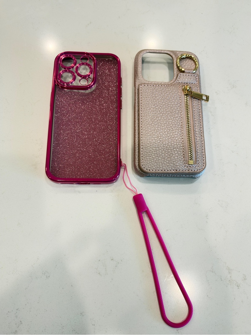 Pink Glitter & Rose Gold Dual Phone Case Bundle with Wrist Strap-iPhone 15 Pro